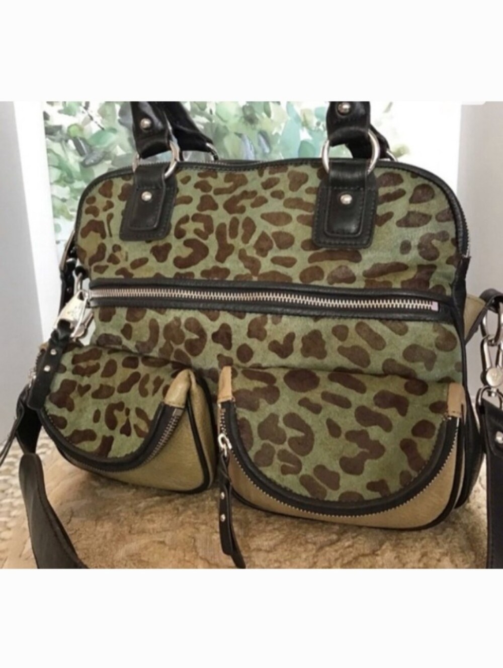 Aimee Kestenberg LUCY Olive Leopard Print Satchel w/ Black Trim, Silver Hardware - Picture 2 of 12